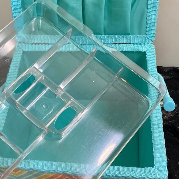 Vintage Fabric Covered Sewing Box Basket Padded with Tray Bright Wicker Handle - Picture 4 of 10